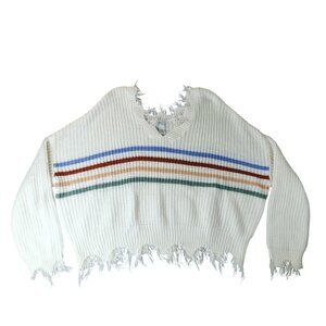 Rue21 Womens L Distressed Sweater White Striped‎ Knit Pullover Grunge Y2K